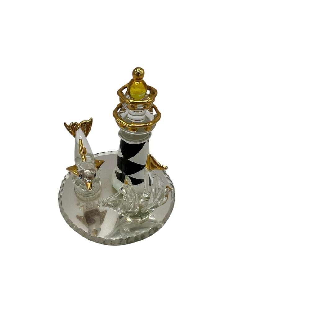 VINTAGE MIRRORED GLASS LIGHTHOUSE DOLPHIN SAILBOAT GOLD‎ TRIM